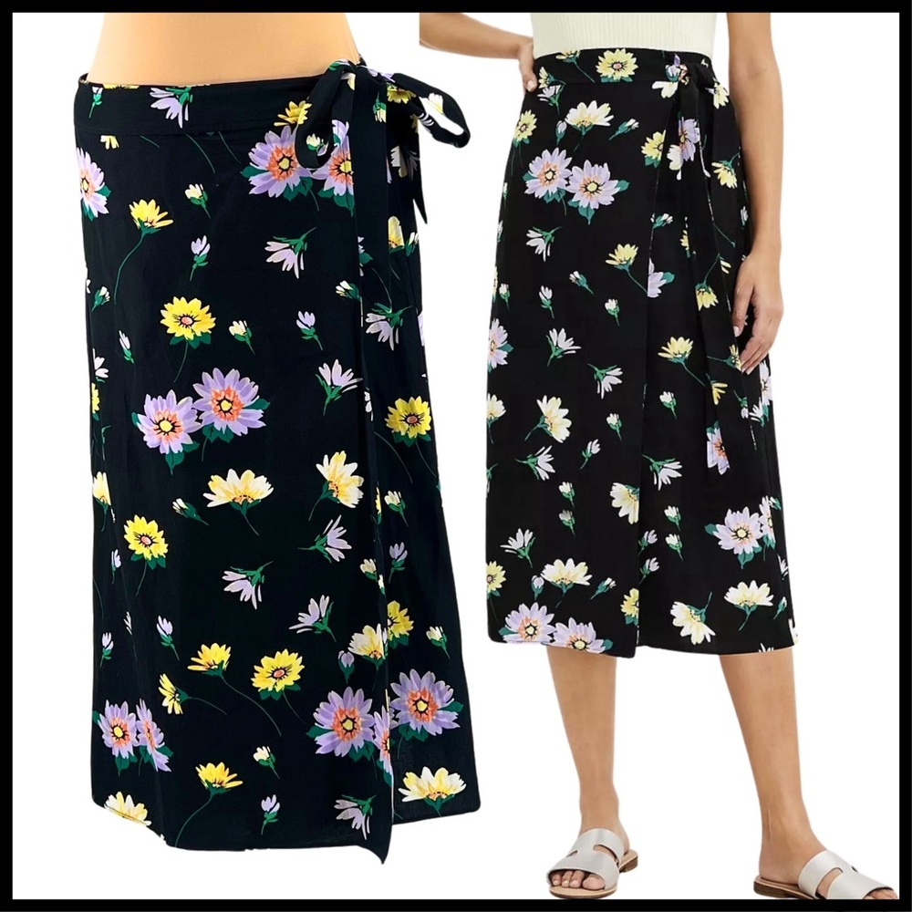 Sz 8 - NWT - LOFT Black Daisy Floral Wrap Tie Skirt